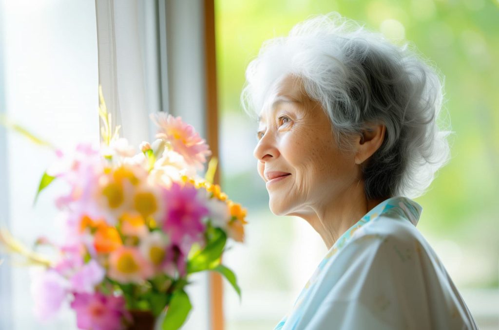 窓辺で花を眺めながら静かに過ごすご高齢の女性の様子