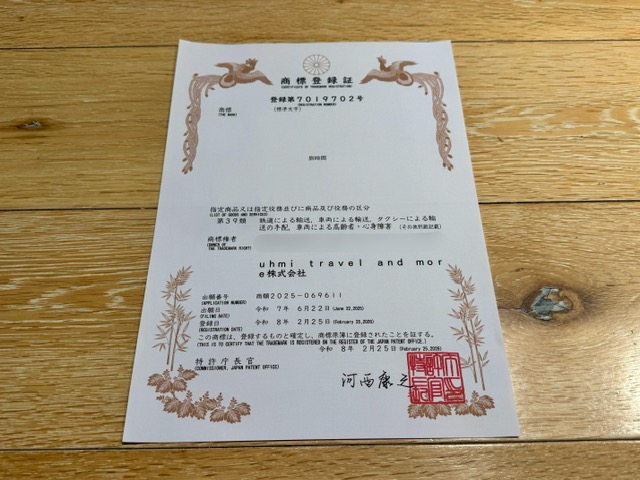 特許庁長官により商標登録が証とされた「旅時間」の商標登録証