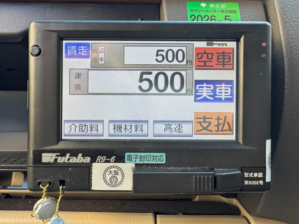 タクシーメーターには迎車料金500円、運賃500円の表示