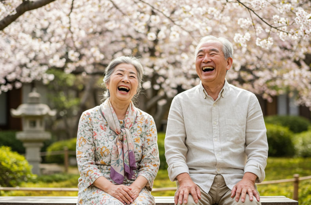 桜花見を楽しむシニア夫婦
