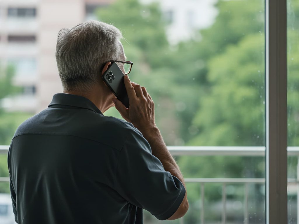 ご老人が取消（キャンセル）の電話をいれている様子